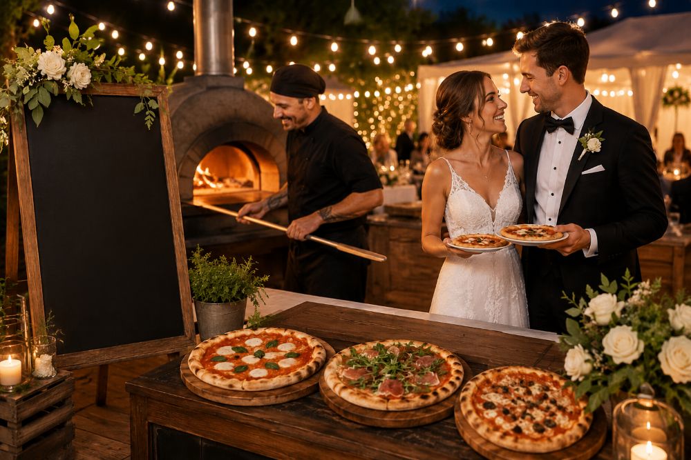 Bride and groom enjoying wood-fired pizza at rustic wedding reception