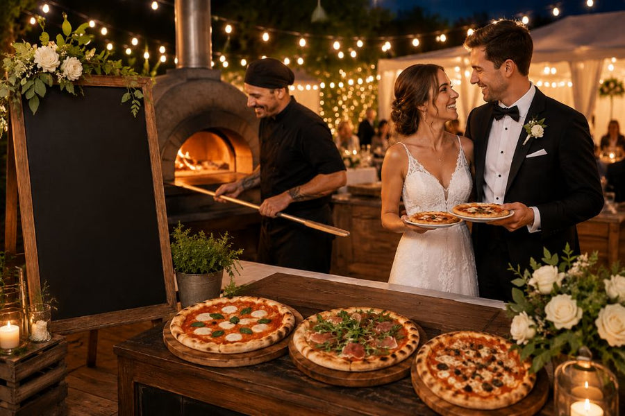 Bride and groom enjoying wood-fired pizza at rustic wedding reception