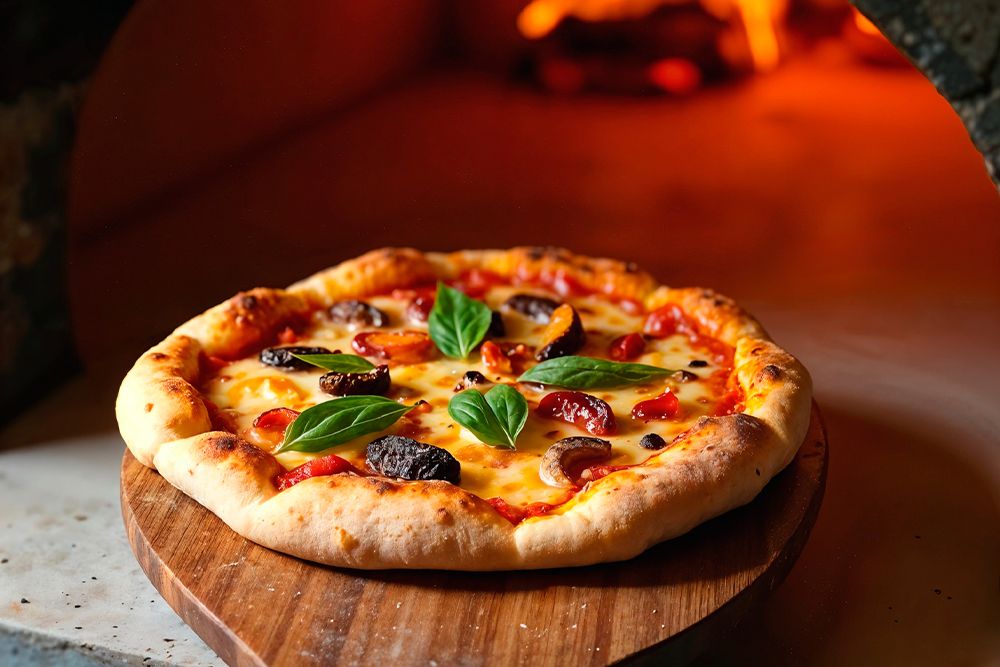 Freshly baked pizza on a wooden paddle ready for serving by Pizzeria on The Road in Sydney
